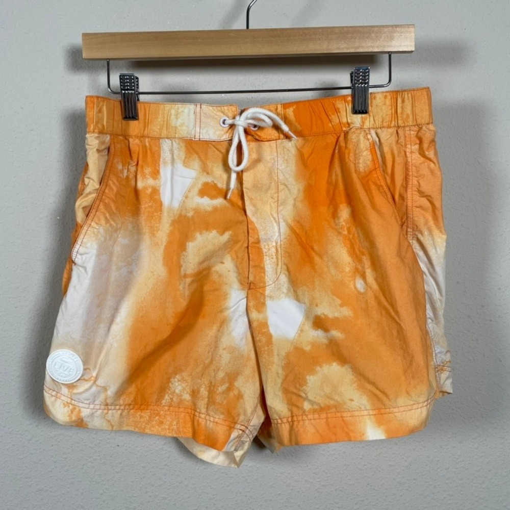 Lacoste L!VE Swim Trunks Mens M Surf Resort Orange Tie Dye Mesh Lined Shorts‎